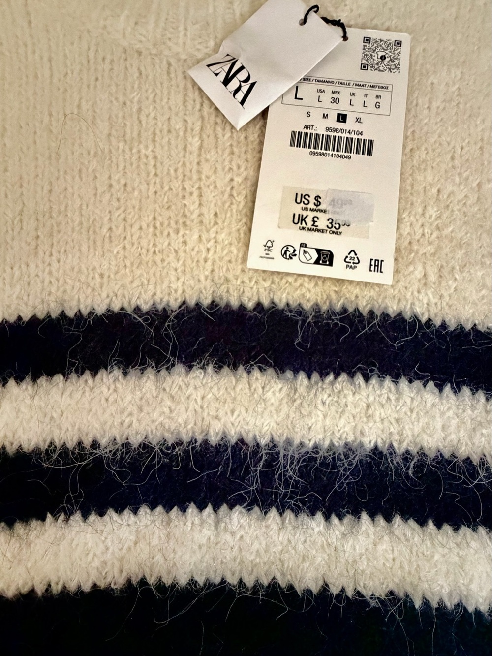 ZARA Cream and Black Striped Button-Shoulder Sweater - Picture 4 of 4
